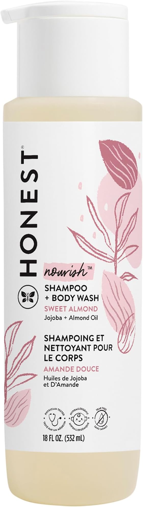 The Honest Company 2-in-1 Cleansing Shampoo + Body Wash | Gentle for Baby | Naturally Derived, Tear-free, Hypoallergenic | Sweet Almond Nourish, 18 fl oz
