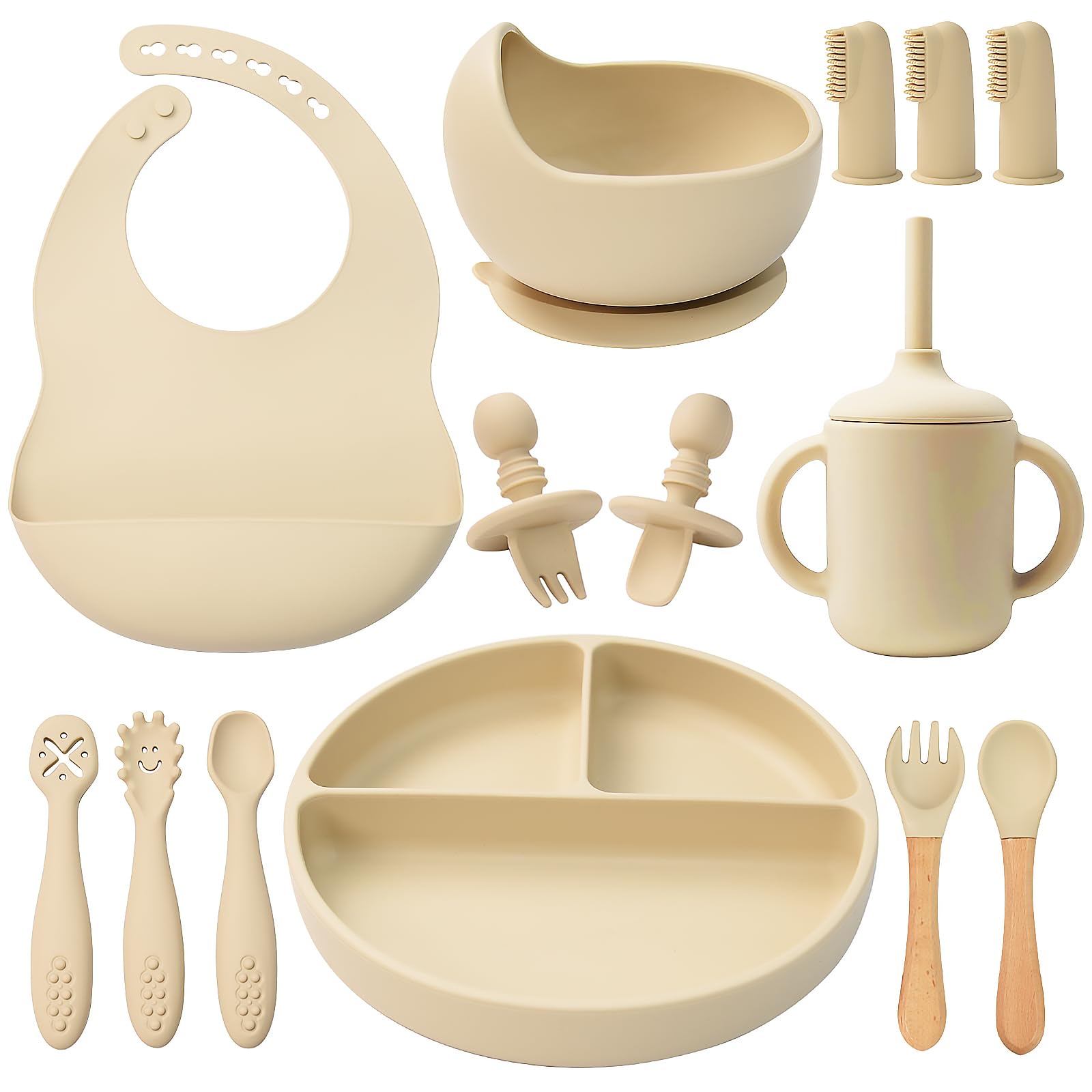 Silicone Baby Feeding Set 14 Pcs, Baby Led Weaning Set, 6M+, Beige