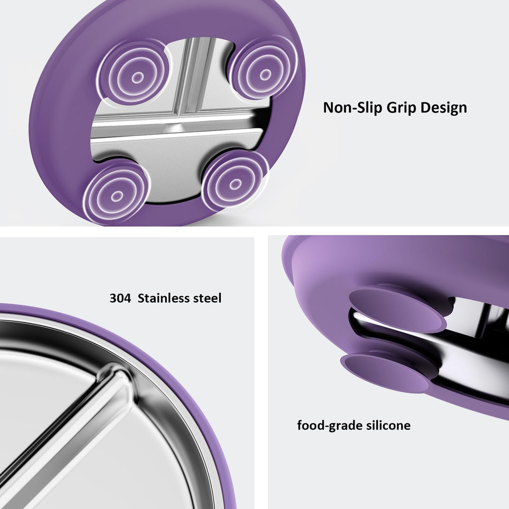 Bakpoco Stainless Steel Suction Plates for Toddlers, 9" Divided Kids Baby Plates with Removable Silicone Suction, Non Toxic Non Slip Portion Control Snack Dishes 4 Packs, Blue Green Purple Beige