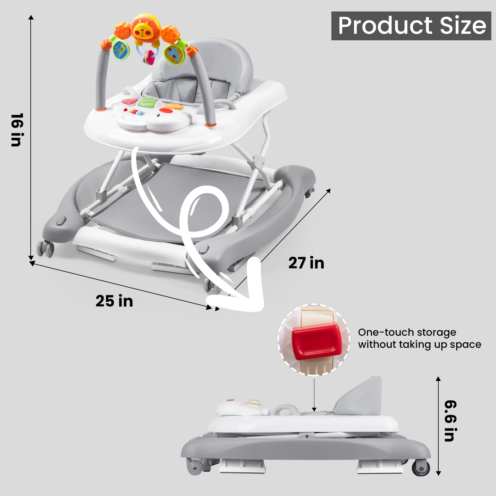 Boyro Baby Baby Walker, 5-in-1 Baby Walkers for Boys and Girls 6-12 Months with Bouncer, Removable Footrest, Feeding Tray & Music, Foldable & Adjustable Activity Walker for 6-18 Months Toddler Infant