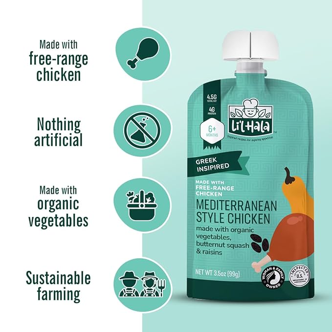 Li’l Hala Mediterranean Chicken Baby Food Pouches – Free-Range Chicken & Organic Veggies – Toddler Meals with Meat – Protein & Healthy Fats Puree – No Hormones – 6+ Months – 3.5 oz (12 Pack)