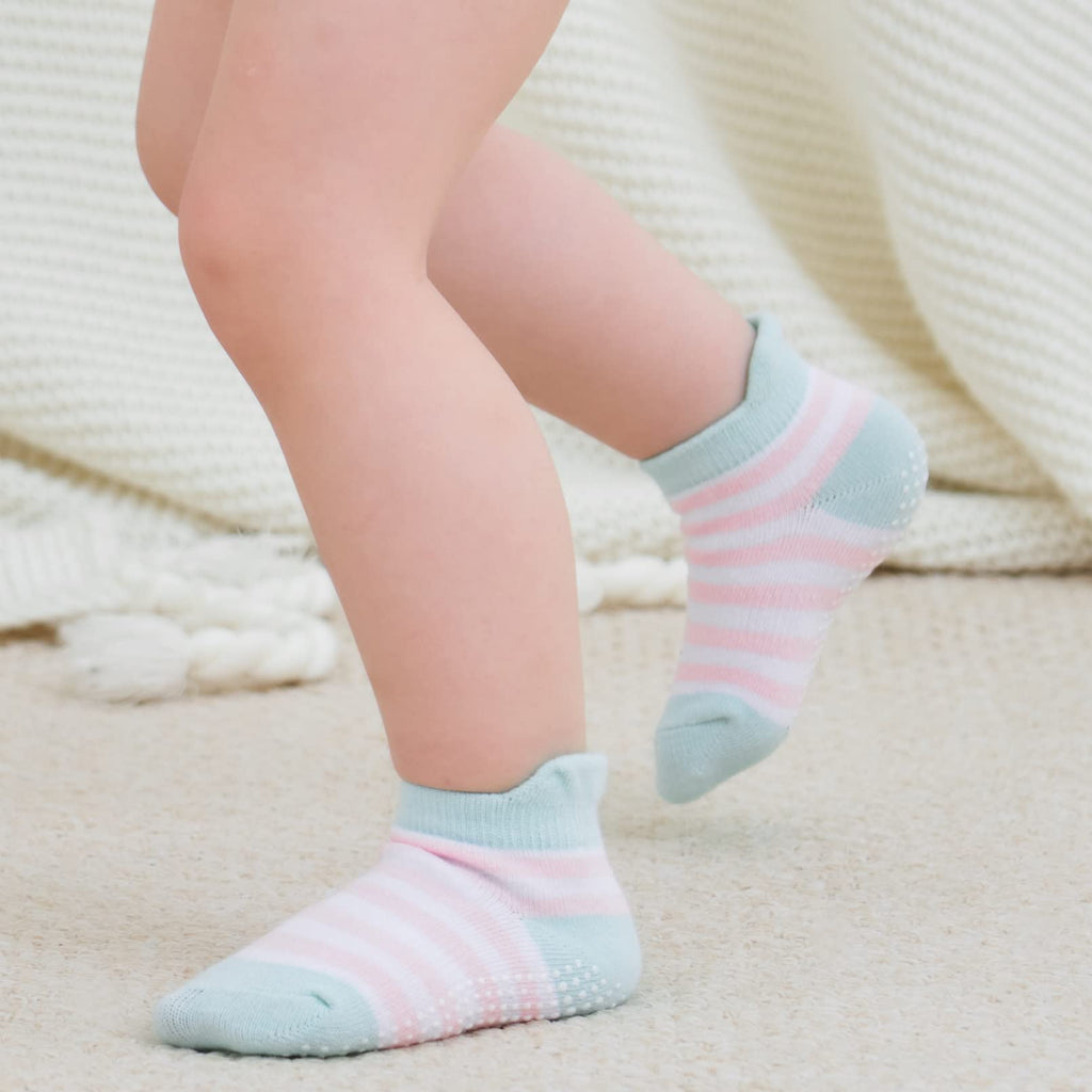 Zaples Baby Girls Non Slip Grip Ankle Socks with Non Skid Soles for Infants Toddlers, Girl Stripes, 6-12 Months