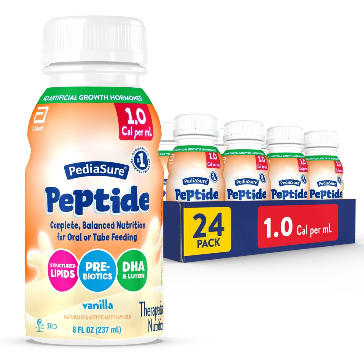 PediaSure Peptide 1.0 Cal,24 Count,Complete,Balanced Nutrition for Kids with GI Conditions,Peptide-Based Formula,with 7g Protein and Prebiotics,for Oral or Tube Feeding,Chocolate,8-fl-oz Bottle
