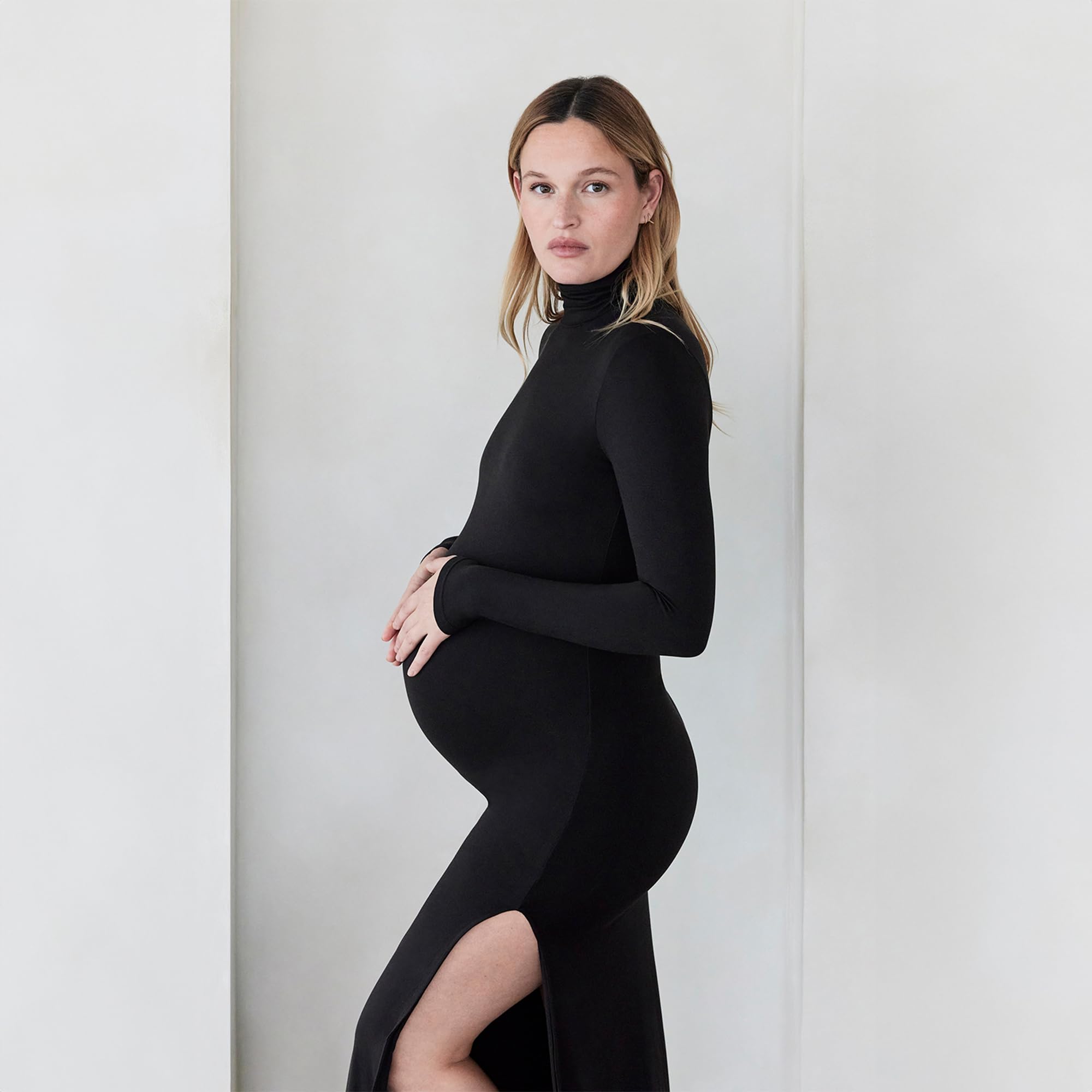 BUMPSUIT Maternity Maxi Dress Thigh High Slit, Women Long Sleeve Soft Stretchable Fabric Turtleneck Bodycon Pregnancy Dress with Back Zipper for Baby Shower Black