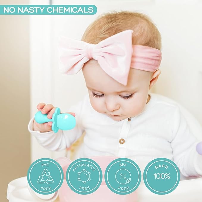 Grabease Silicone Baby Feeding Utensil Set - Self-Feeding Forks For Baby - Forks & Spoon, Ages 6-12 Months - Dishwasher-Safe Infant Spoon & Utensil - Teal & Gray, Pack of 2