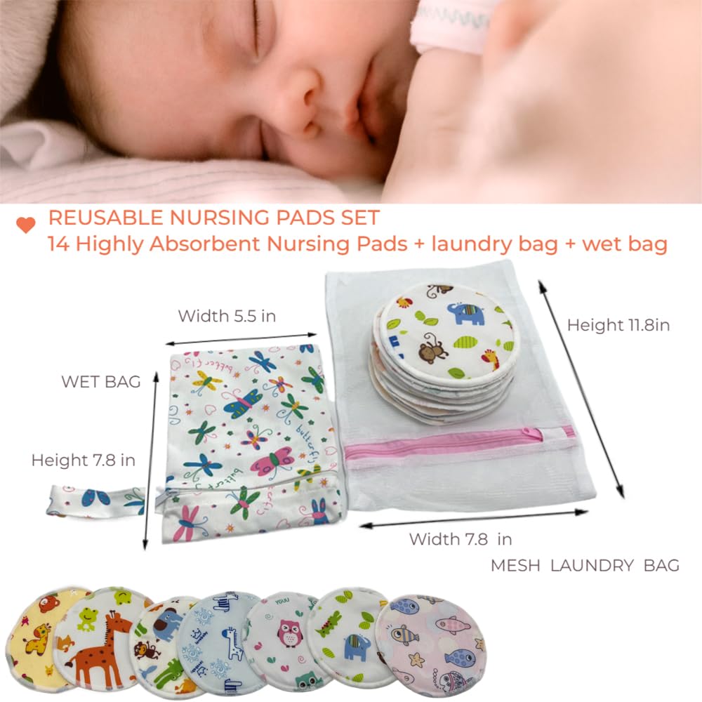 BEECO GIF2U Reusable Nursing Pads 14 Pack,Washable Breast Pads Breastfeeding Essentials,Newborn Necessities for Baby Boys and Girls,Postpartum Essentials for Mom,Super Soft & Absorbent