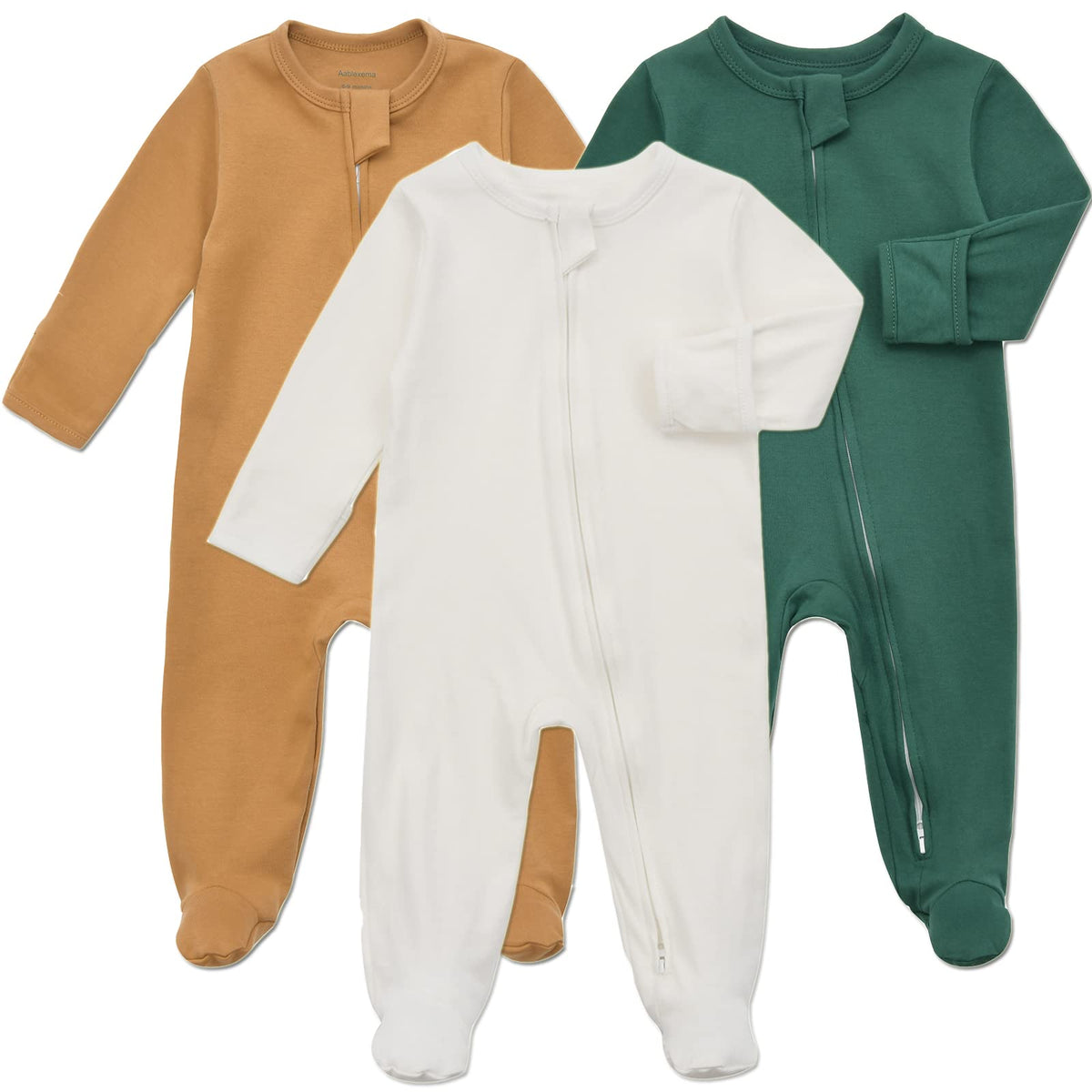 Aablexema Baby Footie Pajamas with Mitten Cuffs, Double Zipper Infant Cotton clothes Sleeper Pjs, Footed Sleep Play (6-9m, Ivory & Grey & Blue)