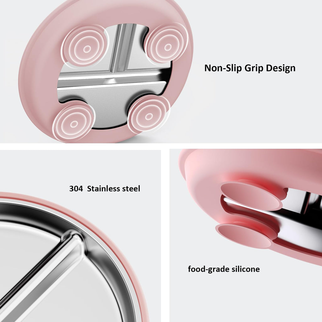 Bakpoco 9" Stainless Steel Divided Toddler Plates with Removable Suction