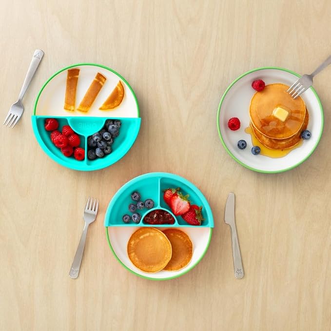 Omie® Easy Scoop Plates for Kids | Unique Design Helps Food Fall into the Spoon, Not on the Table | Made from Plants | 3 Plates + 2 Silicone Dividers | Green