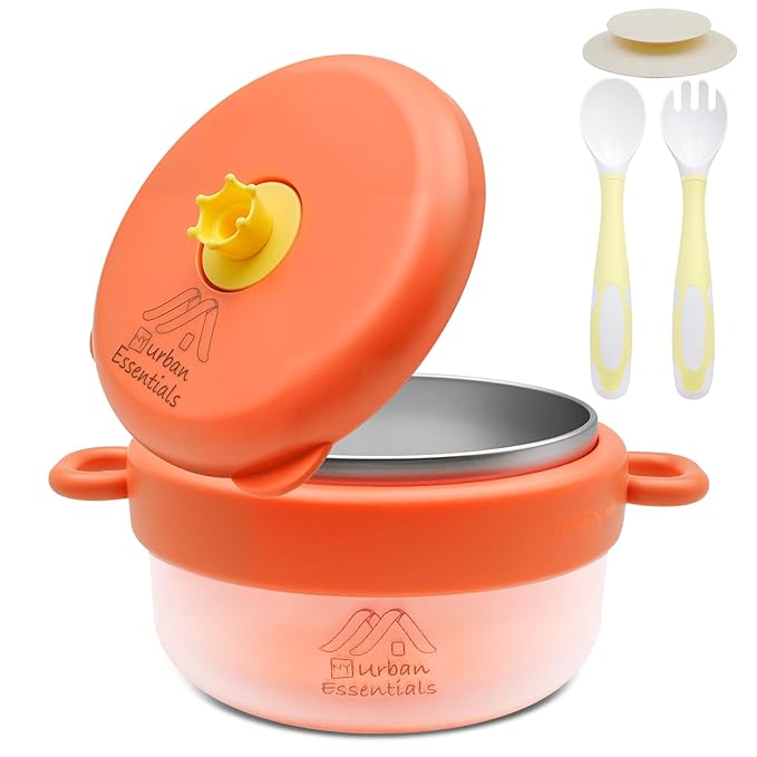 Baby Bowl with Suction, BPA-Free, Premium Food Grade 304 Stainless Steel, Thermo-Color Changing, Foldable Spoon & Fork, Non-Slip Handles for Babies, Toddlers, Kids (Orange)