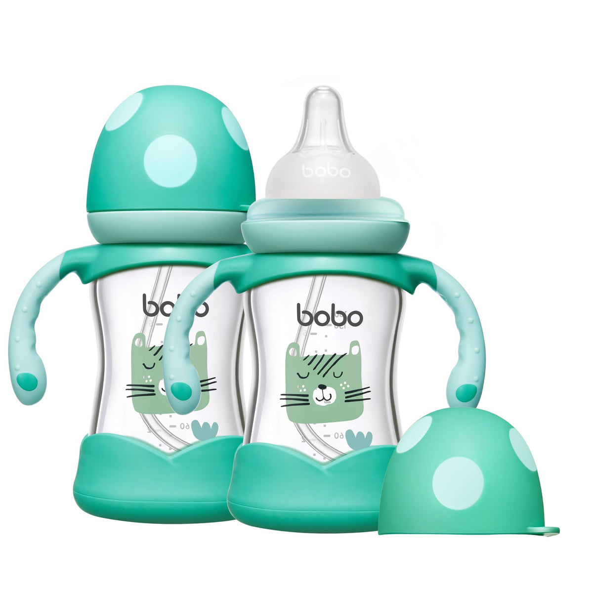 YOHKOH Natural Glass Baby Bottle with Handle, 5.4oz (4-Pack) Green