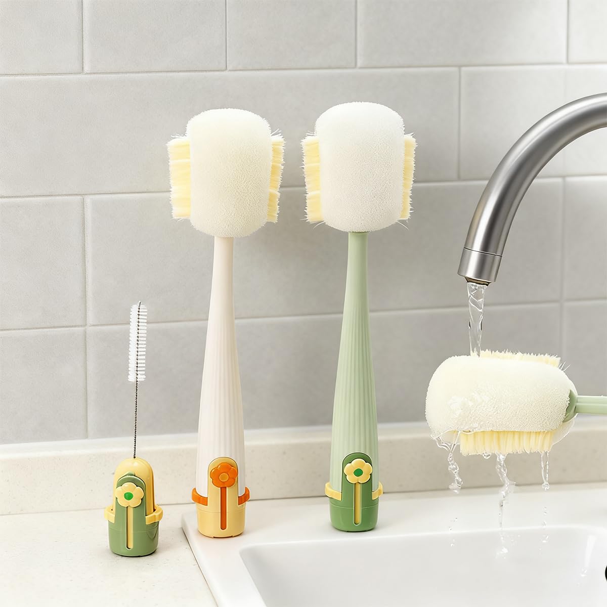 5 in 1 Bottle Cleaning Brush Set, Multifunctional Bottle Cleaning Brush Set, Water Bottle Cleaner Brush, Straw Cleaner Brush for Baby Bottles, 3 Replacement Sponge Brush Heads (White)