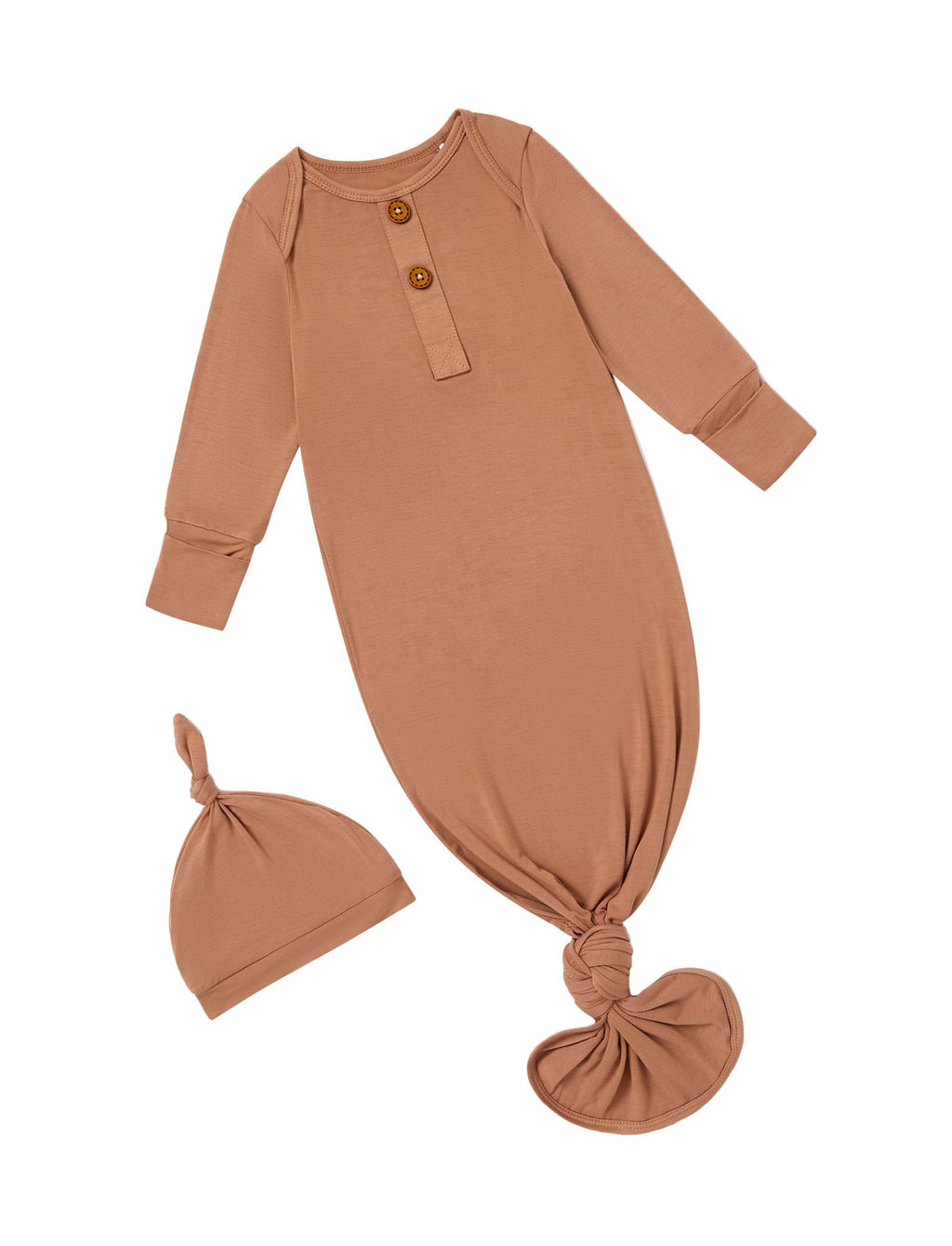 PATPAT Baby Sleeper Gown with Bamboo Viscose for Newborn Girls Boys, Knotted Nightgown with Mittens for Infant Home Coming, Brown-Hat, 0-3M