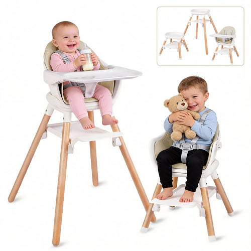 6 in 1 Baby High Chair, Convertible Wooden High Chairs, Beige