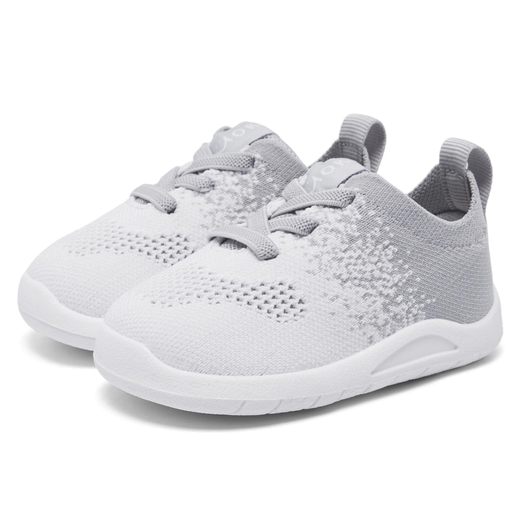 MORENDL Toddler Sneakers Baby Non-Slip Lightweight Breathable Barefoot Shoes Infant Tennis Walking Shoes White Grey Mesh 15-18 Months