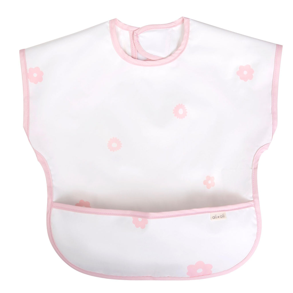 Ali+Oli Smock Bib for Baby (1-pc) Short Sleeve (Pink Flowers) BPA-Free Oeko-Tex Certified, Mess Proof Baby Bib for Eating, Waterproof Baby Smock, Machine Washable, Toddlers Ages 6m+