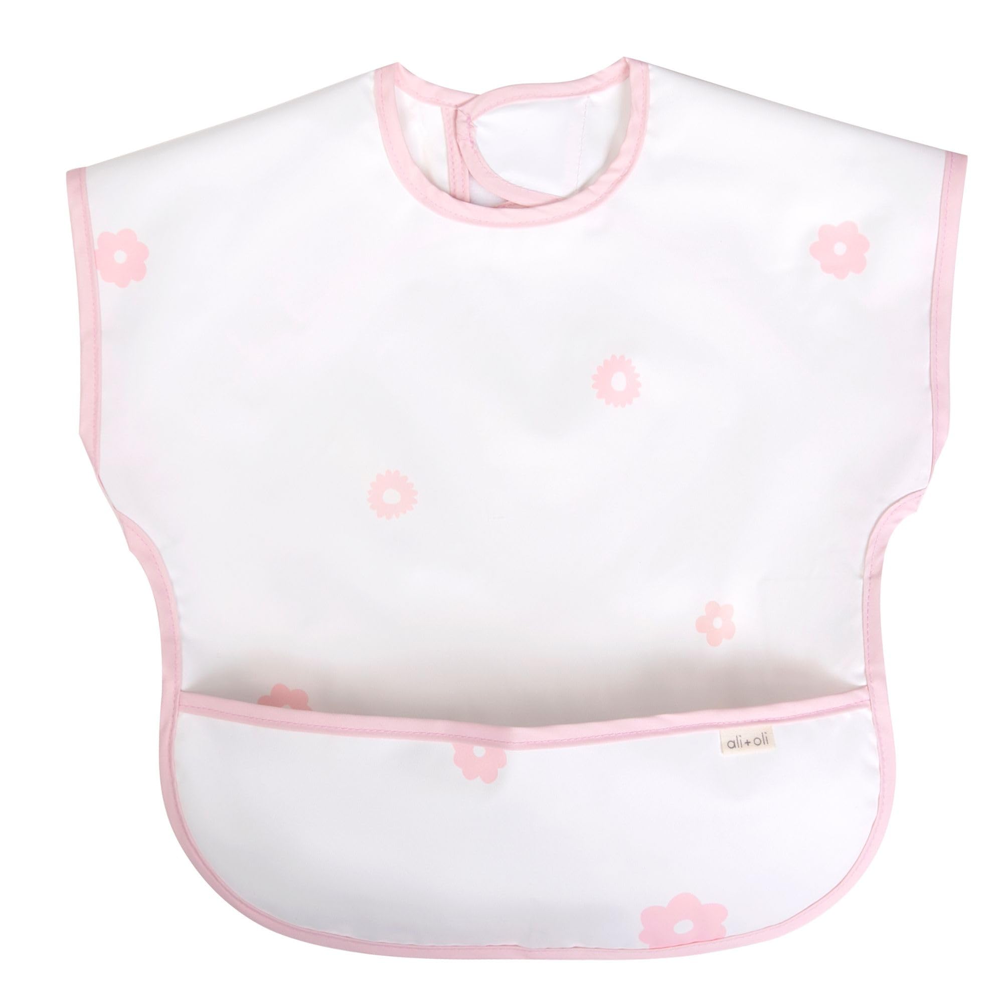 Ali+Oli Smock Bib for Baby (1-pc) Short Sleeve (Pink Flowers) BPA-Free Oeko-Tex Certified, Mess Proof Baby Bib for Eating, Waterproof Baby Smock, Machine Washable, Toddlers Ages 6m+