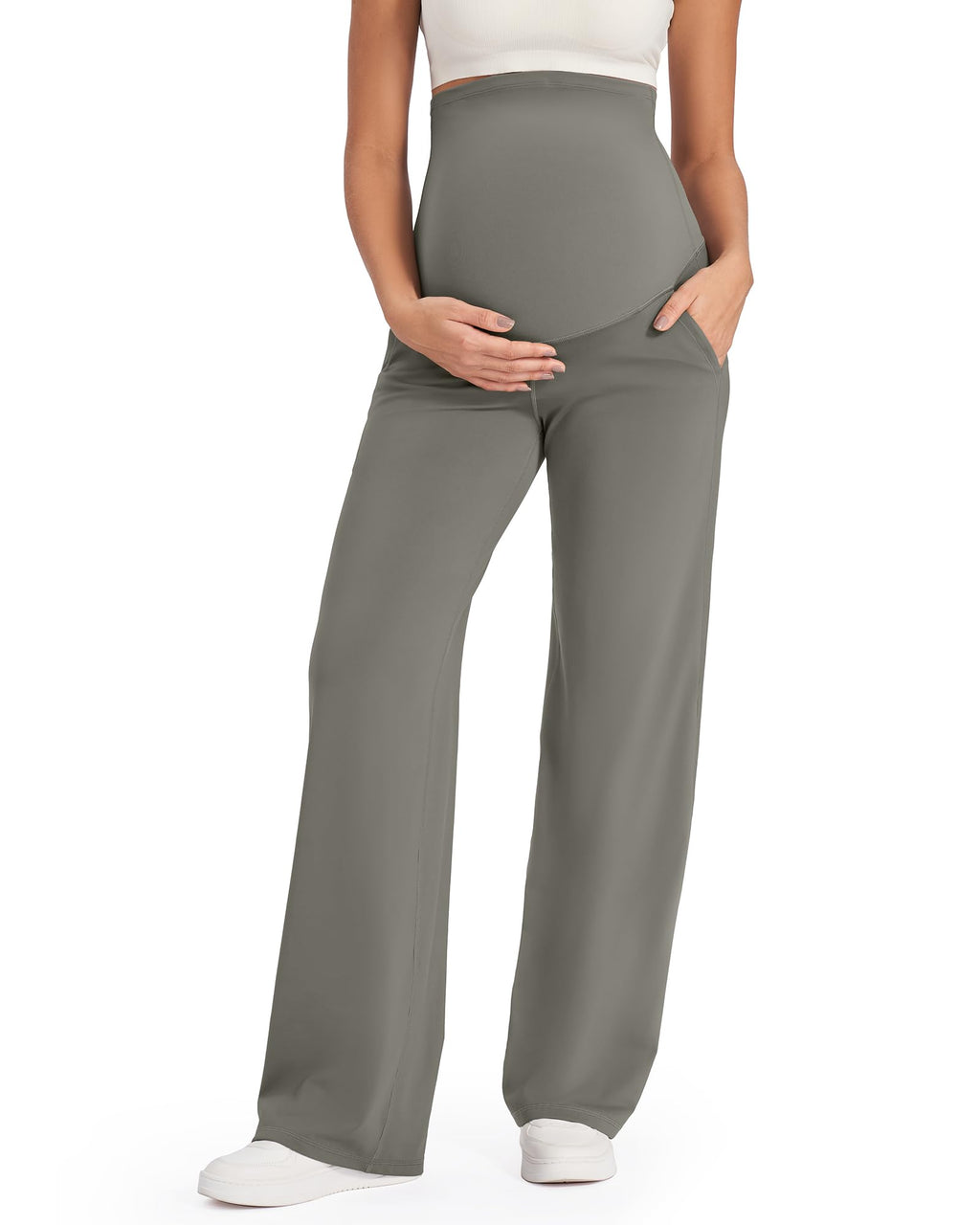 G4Free Maternity Work Pants with Pockets Wide Leg,Mocha Brown,XL,Regular