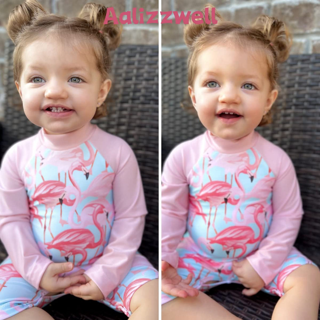 0-3 Months Newborn Infant Baby Girls One Piece Long Sleeve Swimsuit Flamingo Bathing Suit Swimwear Beach Wear Pink