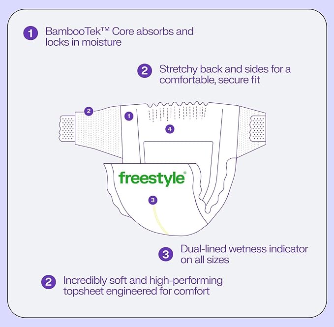 Freestyle BambooTek Diaper – (Size 5) Hyper Absorbent & Non-Toxic – Disposable Diaper for Sensitive Skin – Ultra Soft Diaper's (25+ lbs) – 44 Count
