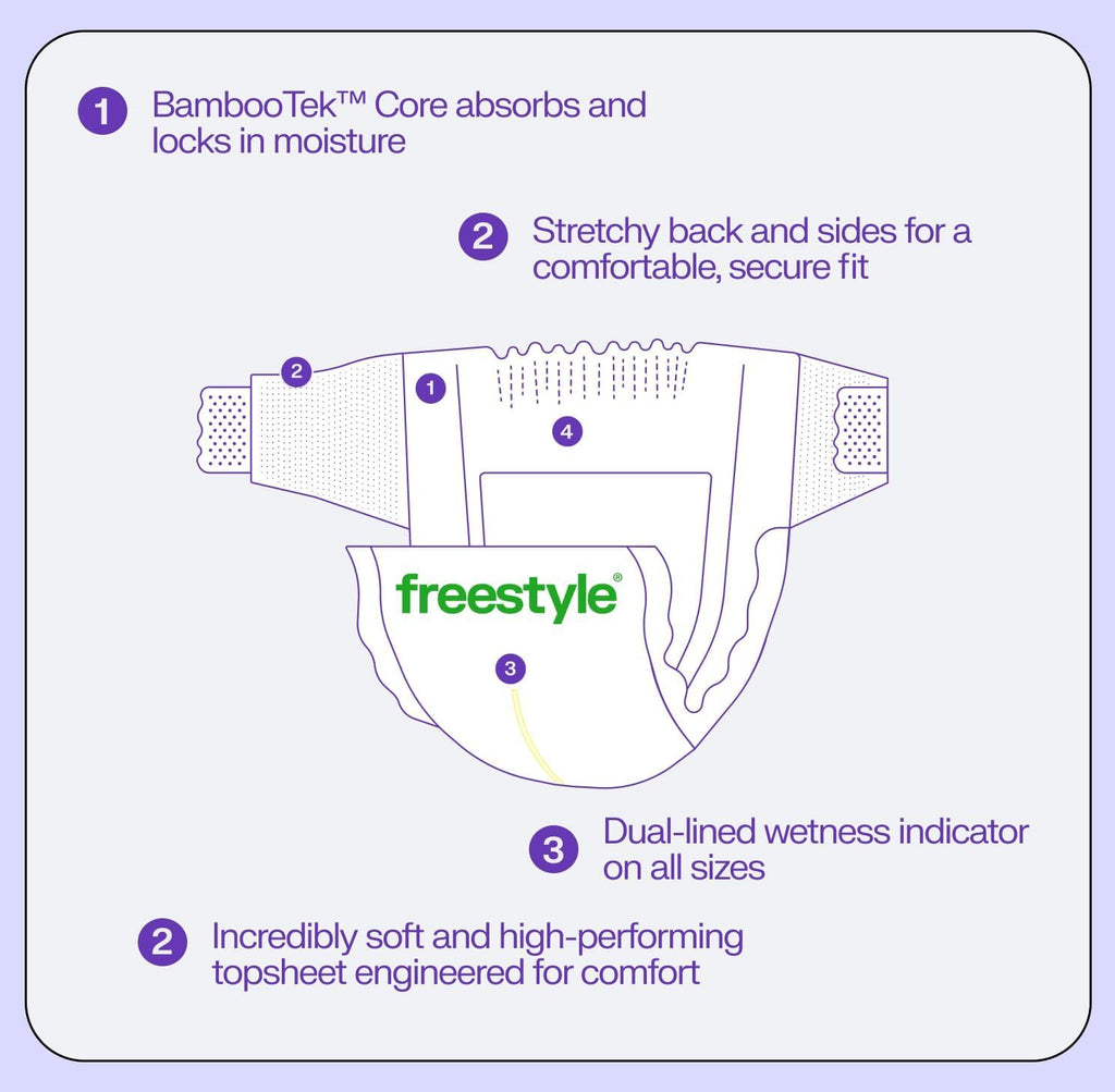 Freestyle BambooTek Diapers – (Size 3) Hyper Absorbent & Non-Toxic – Disposable Diapers for Sensitive Skin – Ultra Soft Diaper's (16-28 lbs) – 56 Count