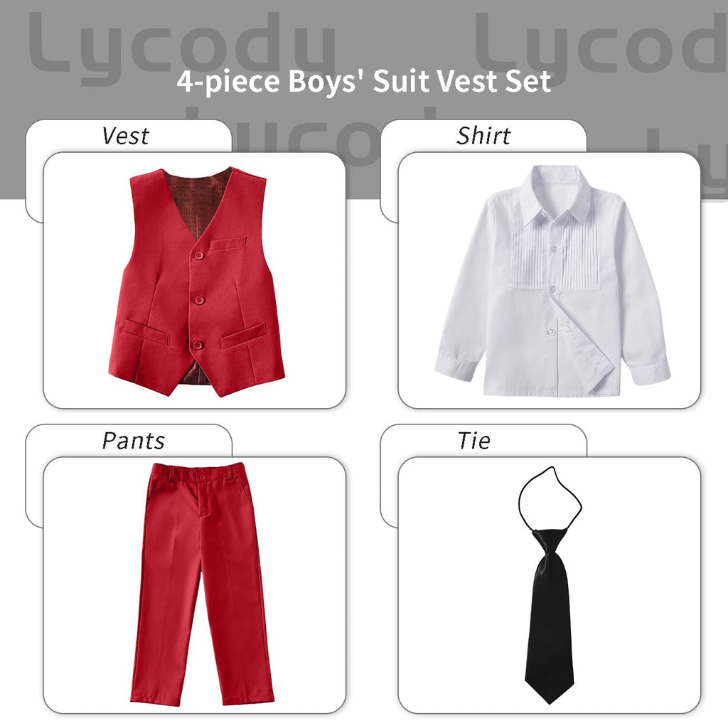Boys Suit Vest Set Formal Dress Suits Wedding Outfit, Red, Size 14