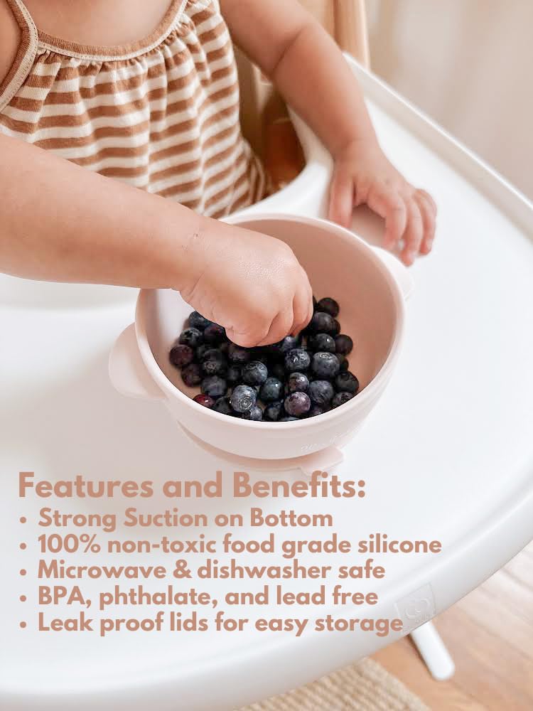 Ullabelle Toddler Plates & Bowls Complete Set w/Spoon - BPA Free 100% Food Grade Silicone - Microwave & Dishwasher Safe Baby Suction Plate, Bowl w/Lid, & Spoon - Pink