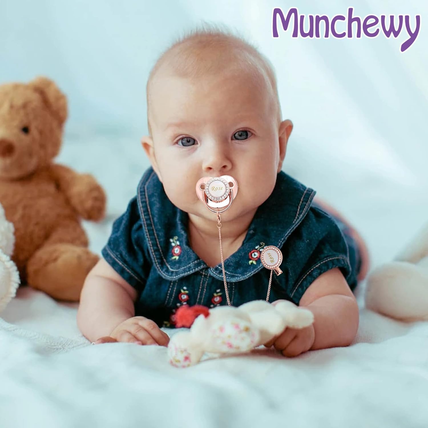 Munchewy Custom Baby Pacifier with Name and Clip for Newborns(White)
