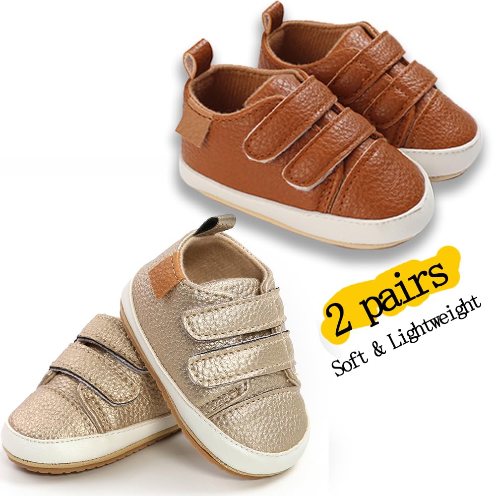 eitwo 2Pairs Baby Shoes,Boys Girls Non-Slip Rubber Sole Sneakers,Unisex Infant Soft Lightweight First Walking Crib Shoes (2Pairs_Brown+Gold,3-6 Months)