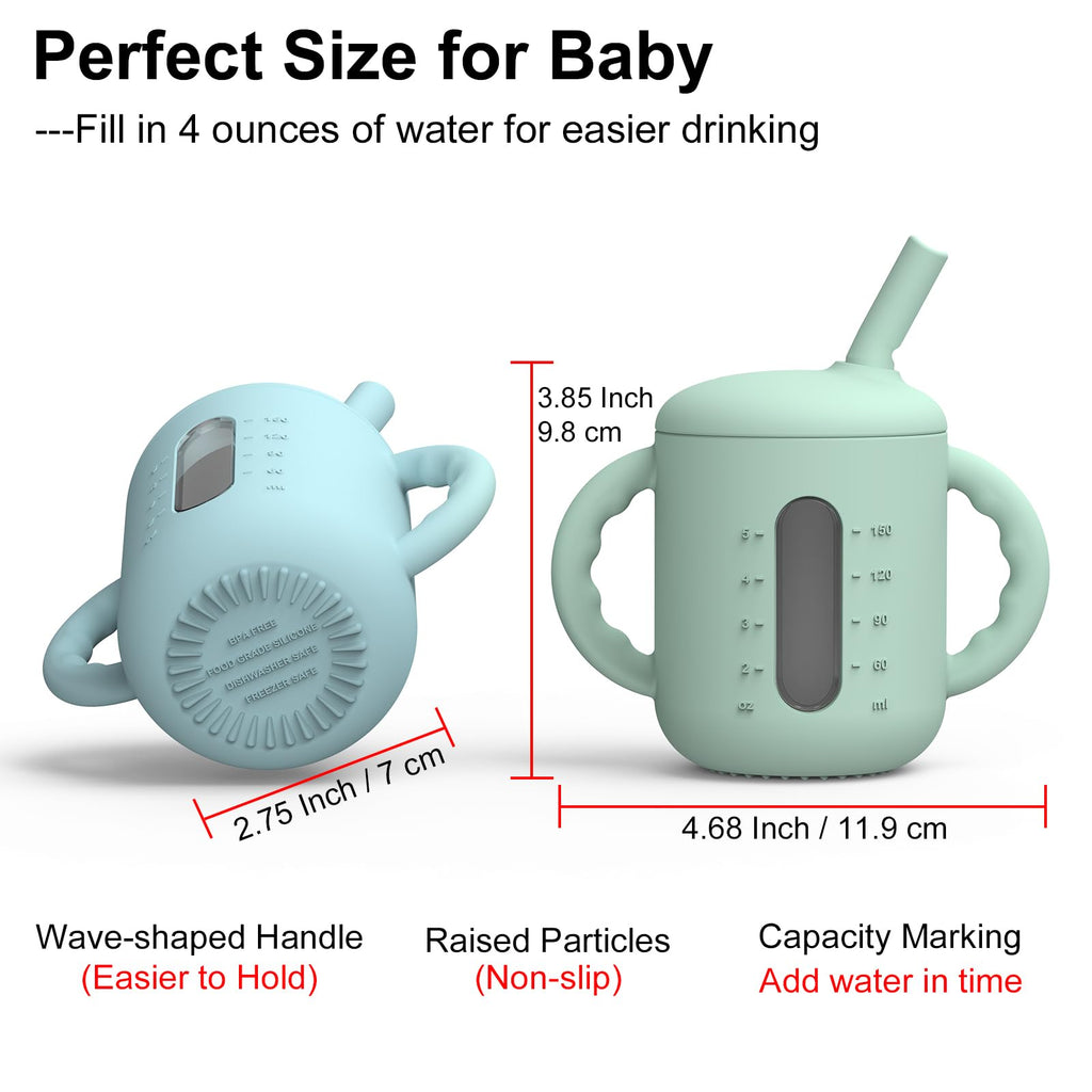 Seposeve 2 Pack Silicone Sippy Cups, Leak-Proof Baby Straw Cup for 6-12 Months, Spill Proof Toddler Cup with Straw 1-3 Years, with Capacity Marking, Non-slip Handle, Flow Control, 6 oz, Green Blue