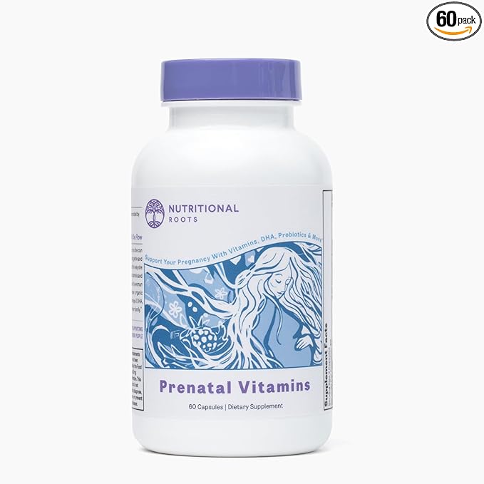 Nutritional Roots Prenatal Vitamins with DHA - Whole Food Vitamins with Folate, Probiotics and Regenerative Organic Ingredients, Without Iron, Without Iodine, Bump It Up, 30 Servings