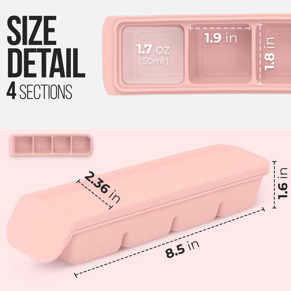 Firgi 1.7 oz/4 Sections Silicone Ice Cube Freezer Tray with Lid, 100% Food-Grade Platinum Silicone,Leak Resistance & Dishwasher Safe for Baby Food Prep,Breast Milk,Purees - Korean Made, Pastel Pink