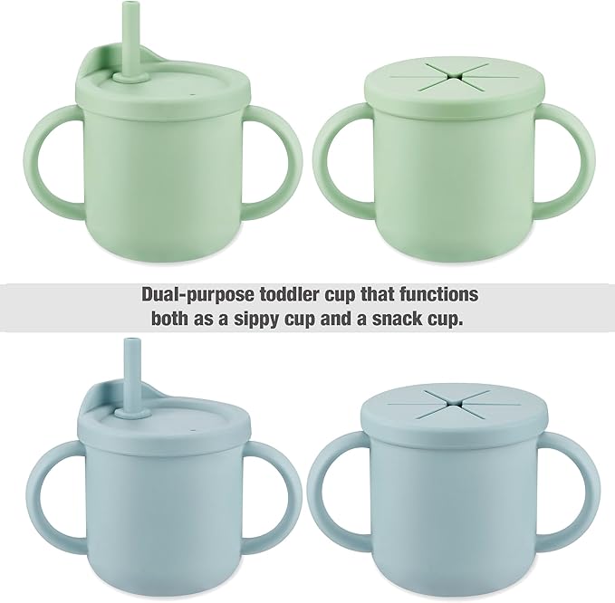 PandaEar Silicone Baby Feeding Set| 2 Pack Silicone Divided Suction Plate and 2 Pack Tiny Cup with 2 Spoons 2 Forks| Baby Led Weaning Supplies Self Feeding Eating Utensils (Light Blue/Light Green)