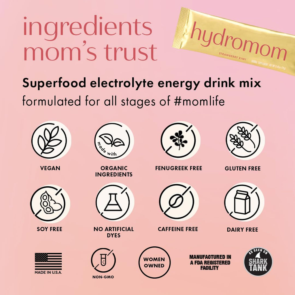 Boobie Hydromom Superfood Electrolyte Drink Mix, Strawberry Kiwi | Refreshing Energy & Hydration Boost for Mamas | On-The-Go & Travel Essentials for Pregnancy, Lactation, & Beyond, 10 Packets