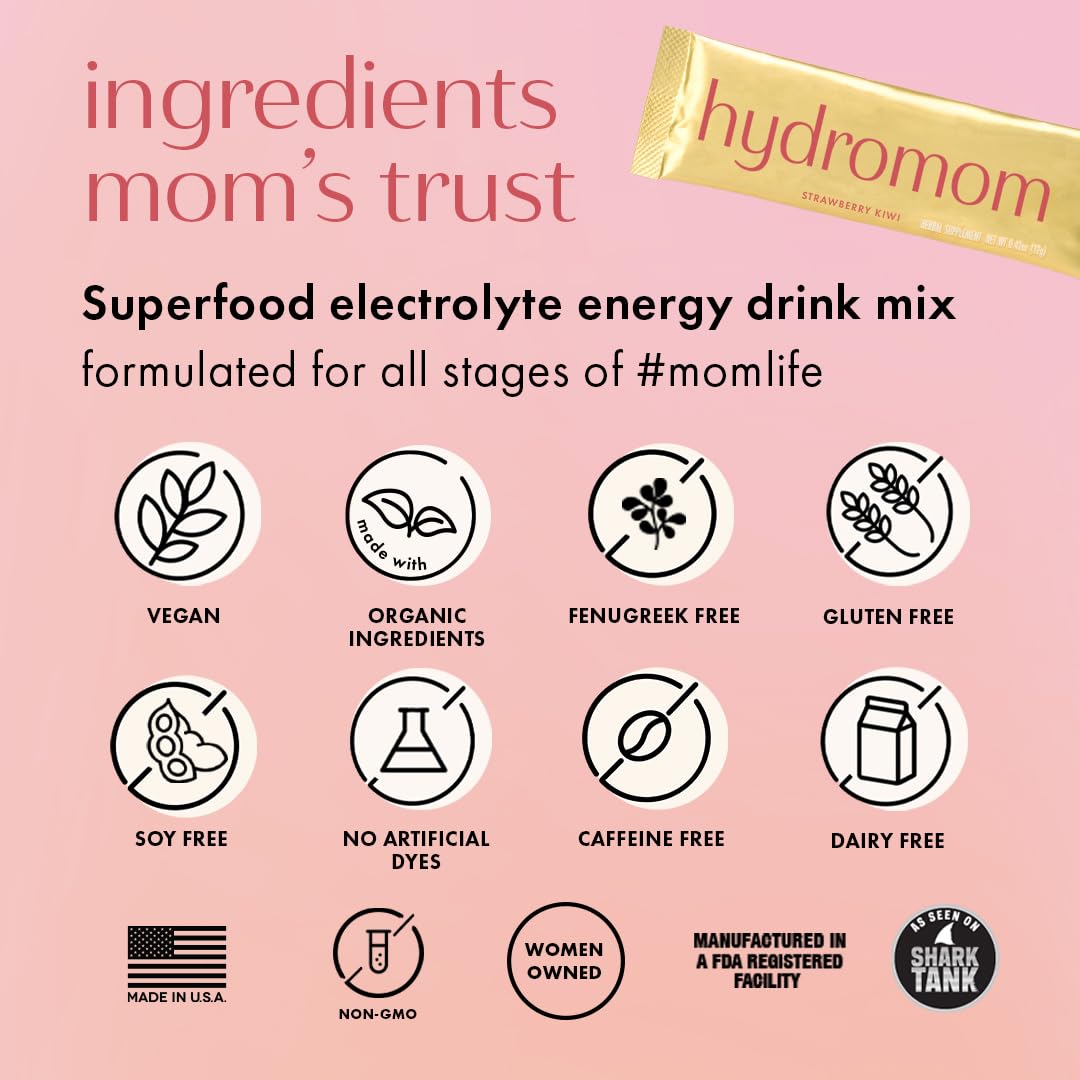Boobie Hydromom Superfood Electrolyte Drink Mix, Strawberry Kiwi | Refreshing Energy & Hydration Boost for Mamas | On-The-Go & Travel Essentials for Pregnancy, Lactation, & Beyond, 10 Packets