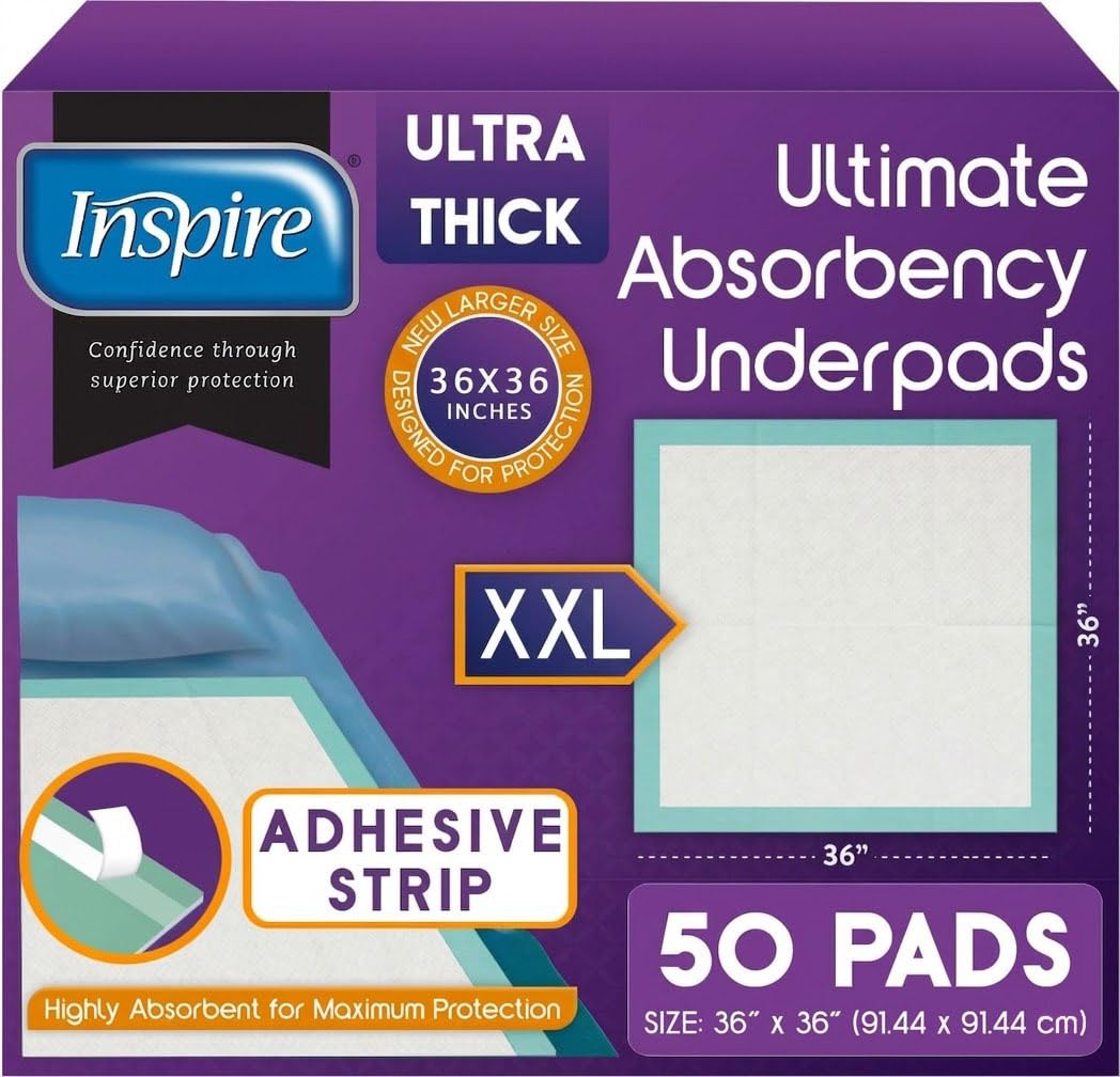 Inspire Extra Large Super Absorbent Disposable Bed Pads for Chronic Incontinence Ultra Thick and Absorbent Bed Pads Disposable Adult | Pee Pads for Adults (36" X 36" Pack of 50 W/ Adhesive)