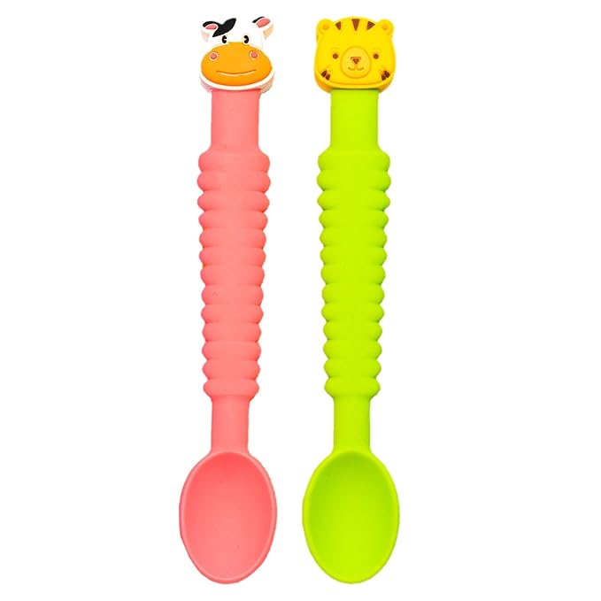 Little Grubbers 3-in-1 Silicone Baby Spoon Self Feeding 6+ Months - Pediatric OT Designed Teether Spoon, BPA Free Toddler Utensils, Mess-Free, Fun for Baby Led Weaning Supplies, Cow & Tiger