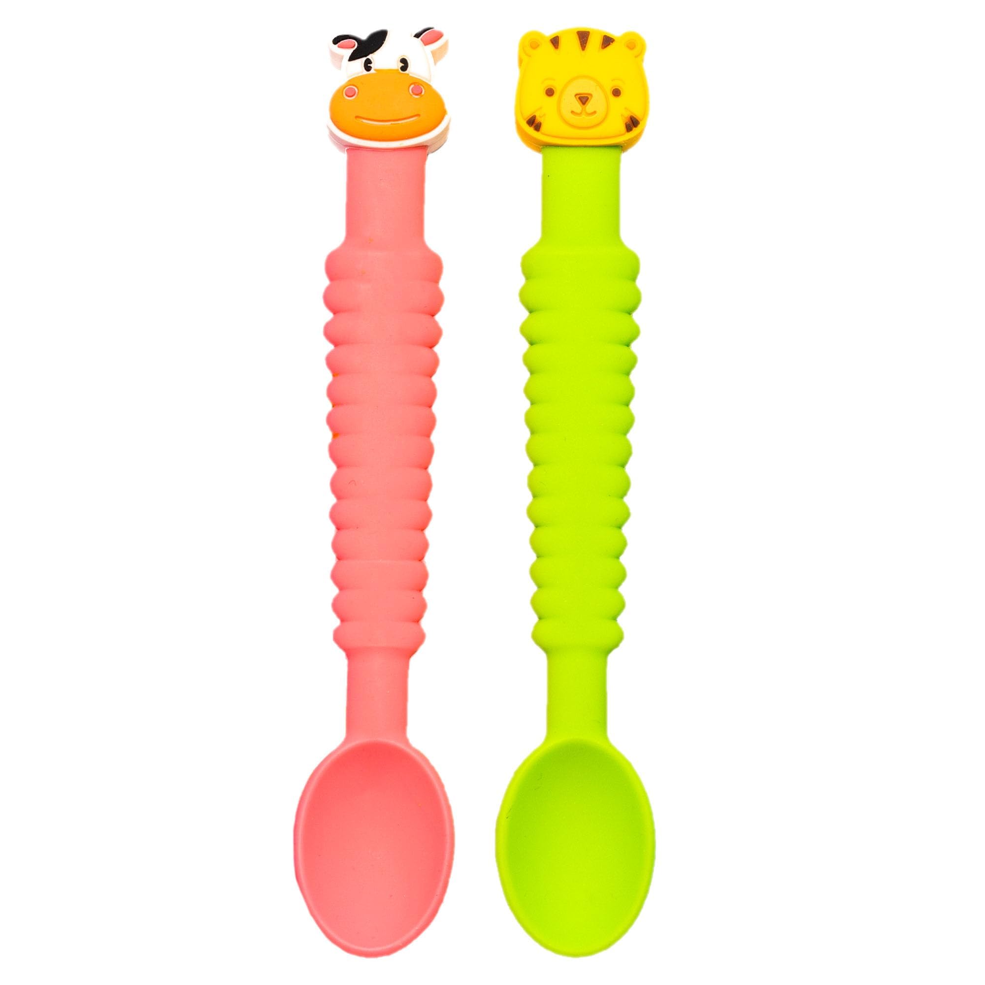 Little Grubbers 3-in-1 Silicone Baby Spoon Self Feeding 6+ Months - Pediatric OT Designed Teether Spoon, BPA Free Toddler Utensils, Mess-Free, Fun for Baby Led Weaning Supplies, Cow & Tiger