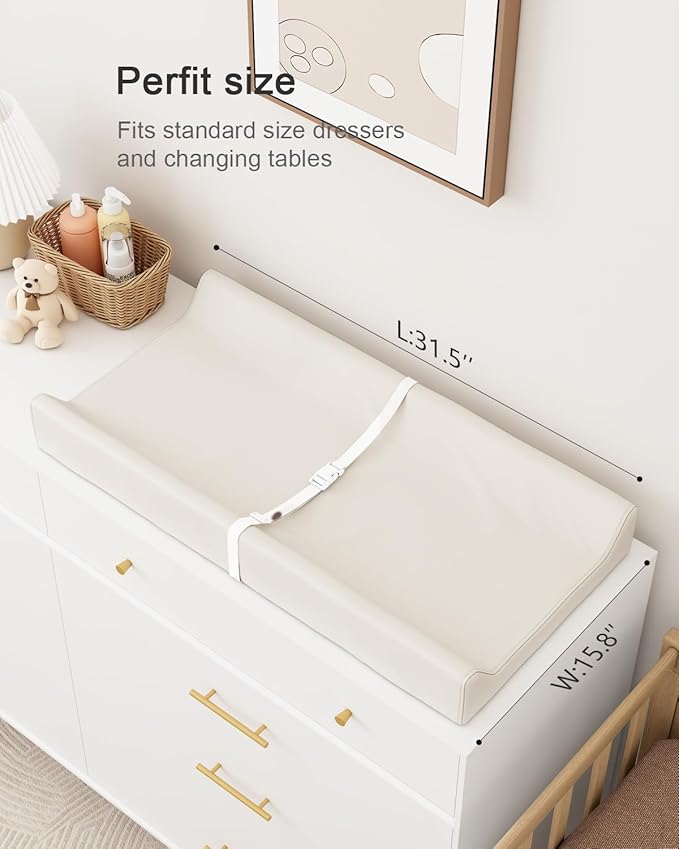 Wipeable Baby Changing Pad for Dresser and Table, Cozy Diaper Changing Pad with Waterproof & Wipe-Clean Leather Cover, Off-White
