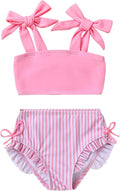 Toddler Swimsuit Girl Color Block Stripe Swimwear Baby Girl Summer Beach Bathing Suits Bikini Set with Ruffled Edges