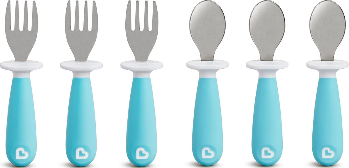 Munchkin® Raise™ Toddler Fork and Spoon Utensil Set, Rest Keeps Tip Off Table, BPA Free, 6 Pack, Blue