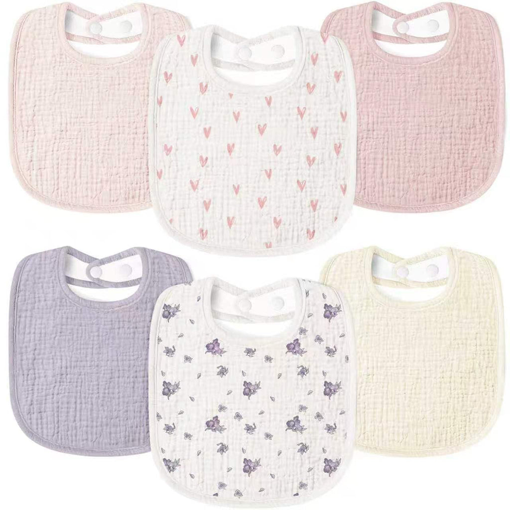 Susurration Muslin Baby Drool Bibs 6Pack Soft Square Adjustable Baby Bandana Bibs for Unisex Girls & Boys (Heart Print)