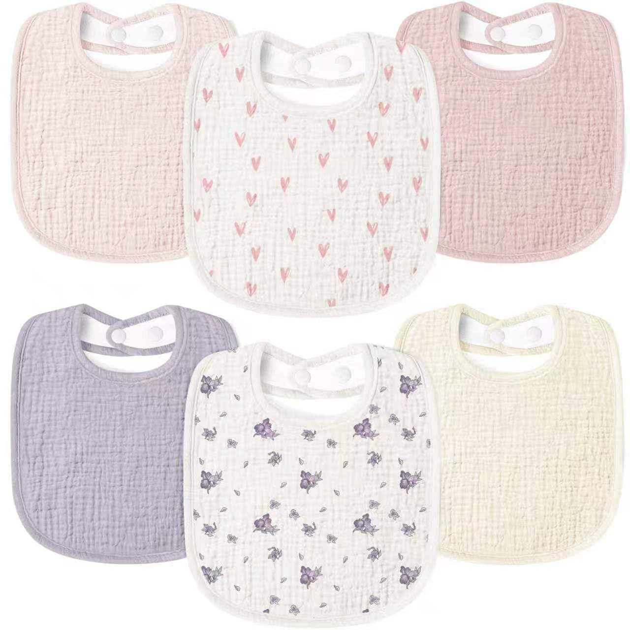 Susurration Muslin Baby Drool Bibs 6Pack Soft Square Adjustable Baby Bandana Bibs for Unisex Girls & Boys (Heart Print)