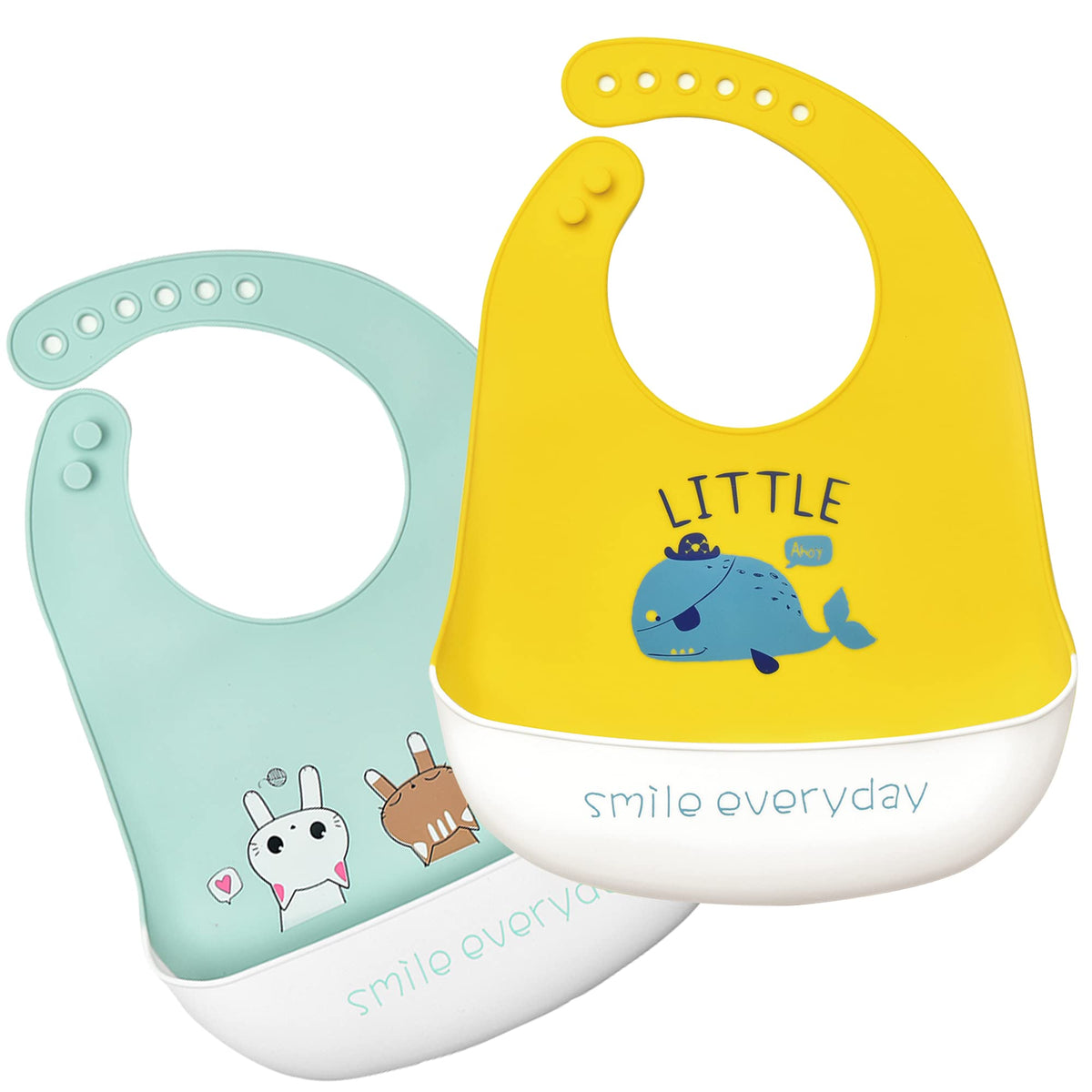 Eimmabey Silicone Bibs for Babies and Toddlers, 2 Sets, Adjustable, Waterproof, Strawberry