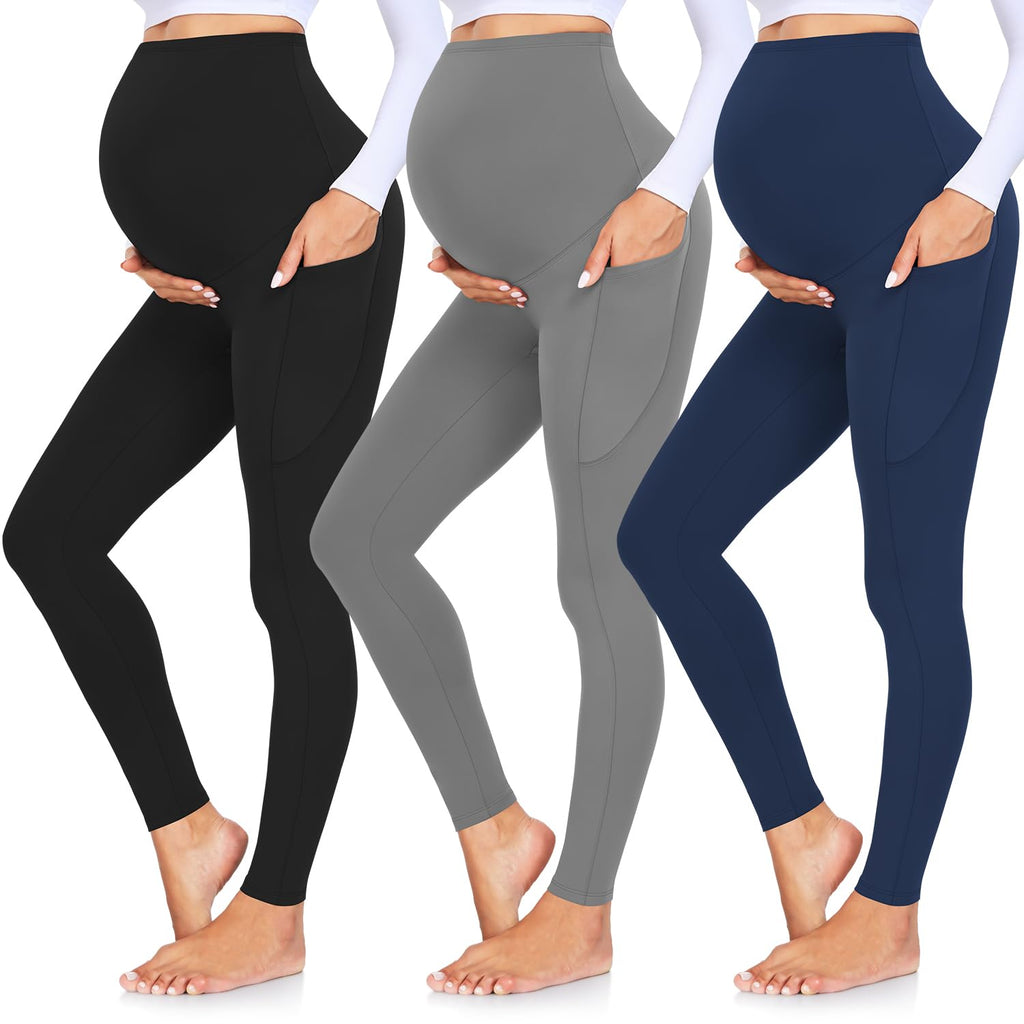 GROTEEN 3 Pack Women's Maternity Leggings with Pockets Over The Belly Pants