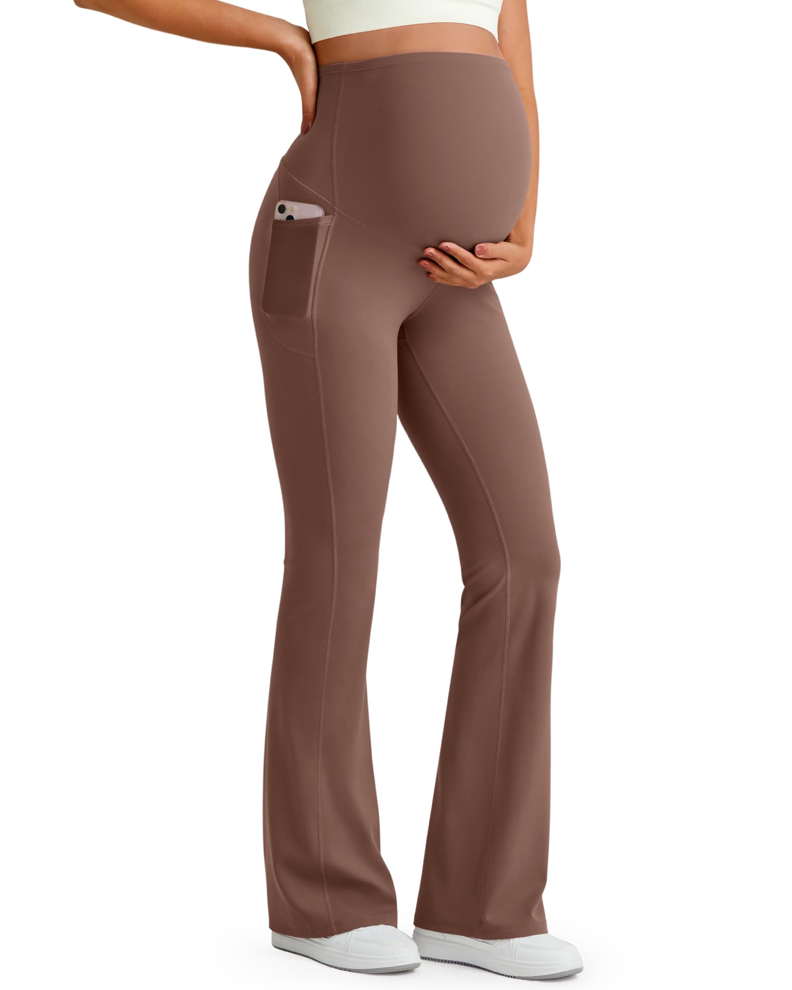 G4Free Maternity Yoga Pants Pregnancy Outfits,Coffee Brown,XL,Tall