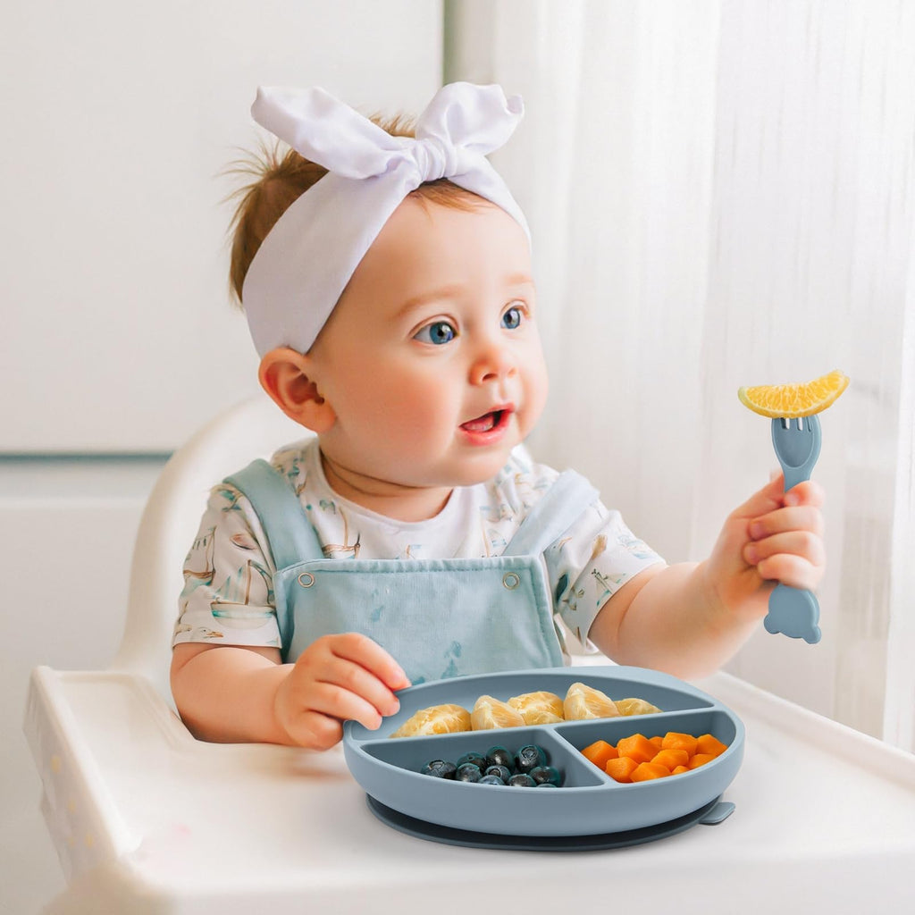 WiLLBEttER 7-Piece Silicone Baby Feeding Set - Divided Suction Plate with 3 Sets of Spoons and Forks, BPA-Free Toddler Plates for Baby-Led Weaning & Self Feeding, Dishwasher & Microwave Safe