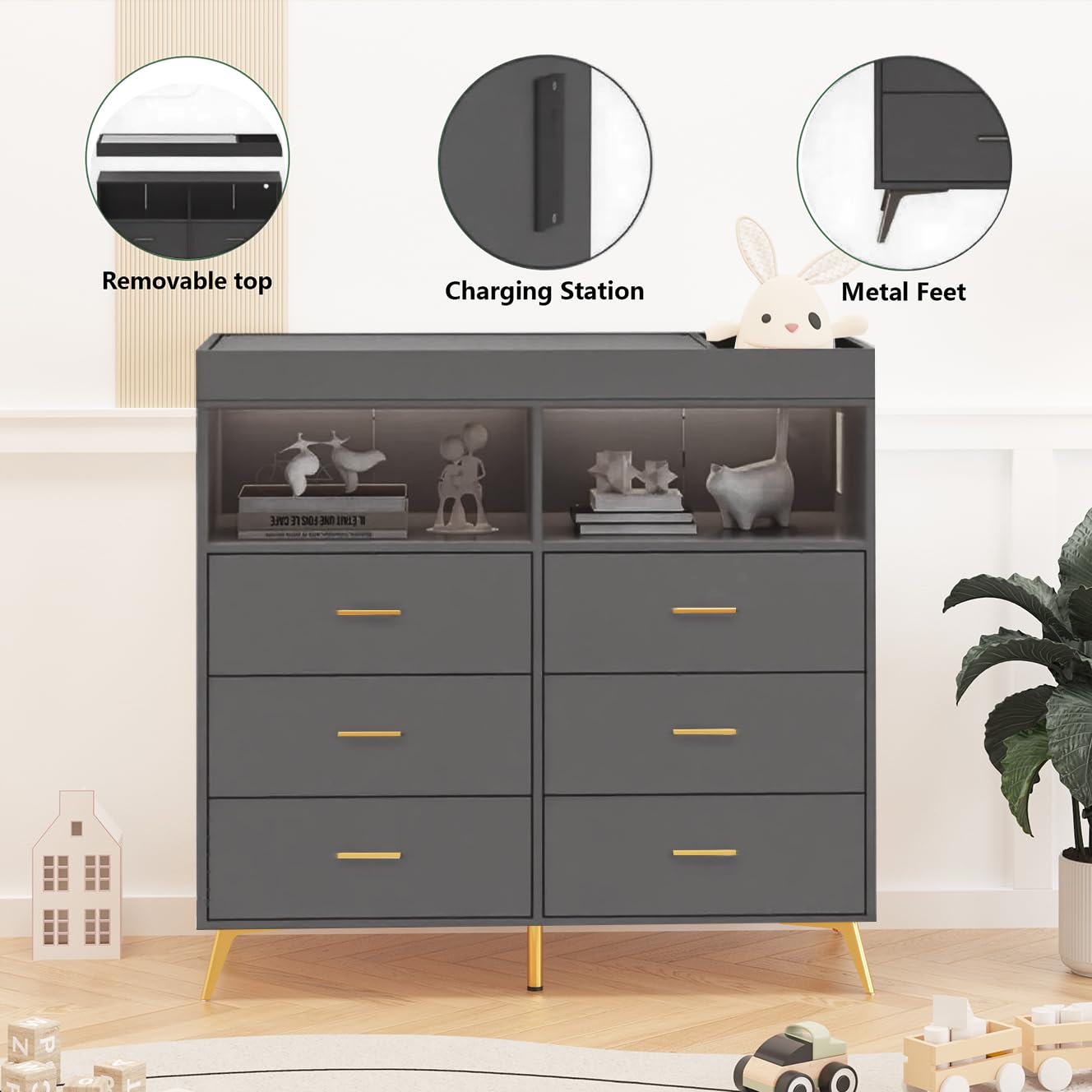 Babevy Changing Table Dresser with Drawers, Baby Dresser with Changing Table Top, Power Outlet, LED Light & Metal Feet, Diaper Changing Station Nursery Organizer for Infants Newborn (Grey)