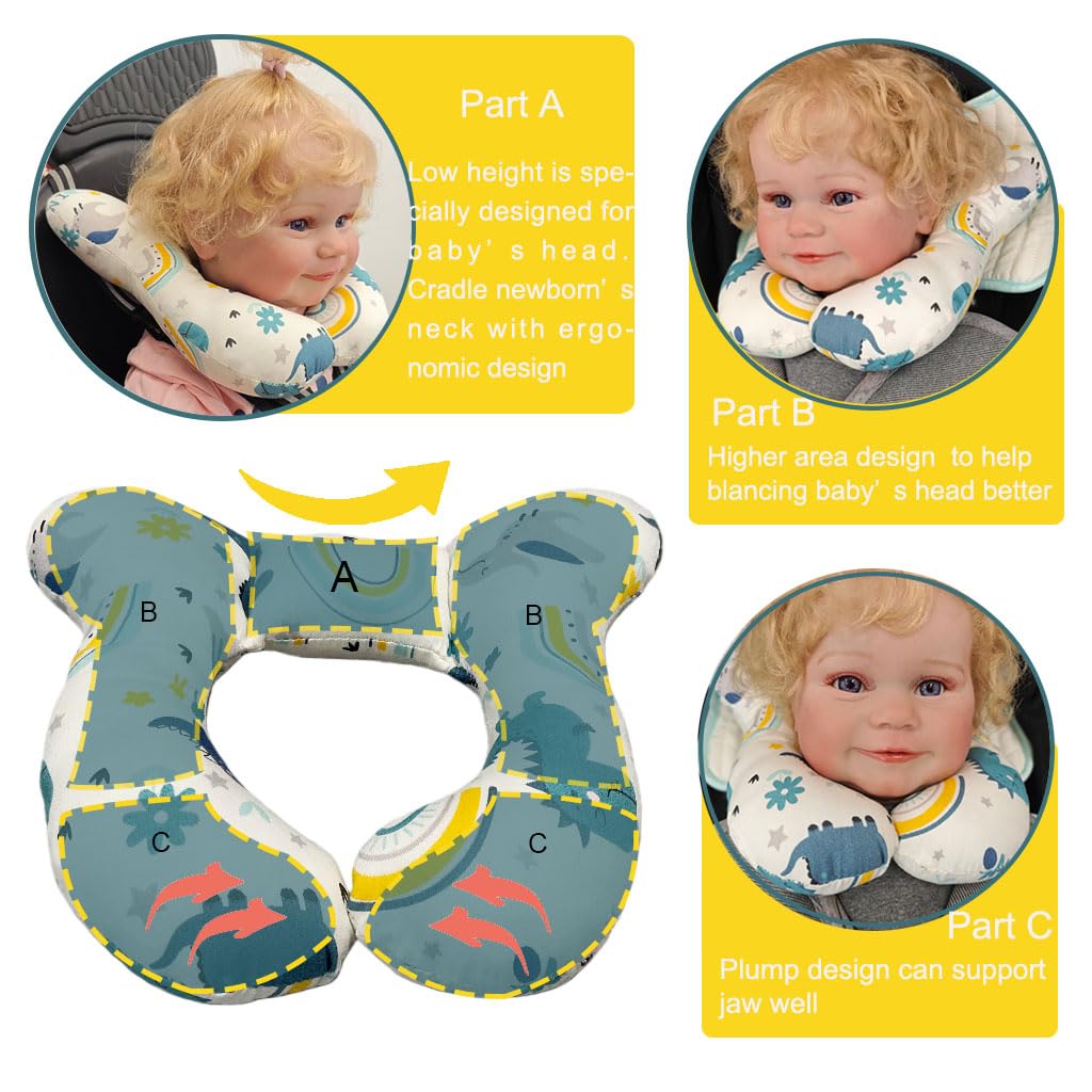 Wedfull Baby Neck Pillows, Comfortable Baby Travel Head Neck Support Pillow for Car Seat Stroller Pushchair, Soft PP Cotton Travel Pillow for 0-2 Years Old Toddler Infant Newborn, Dinosaur