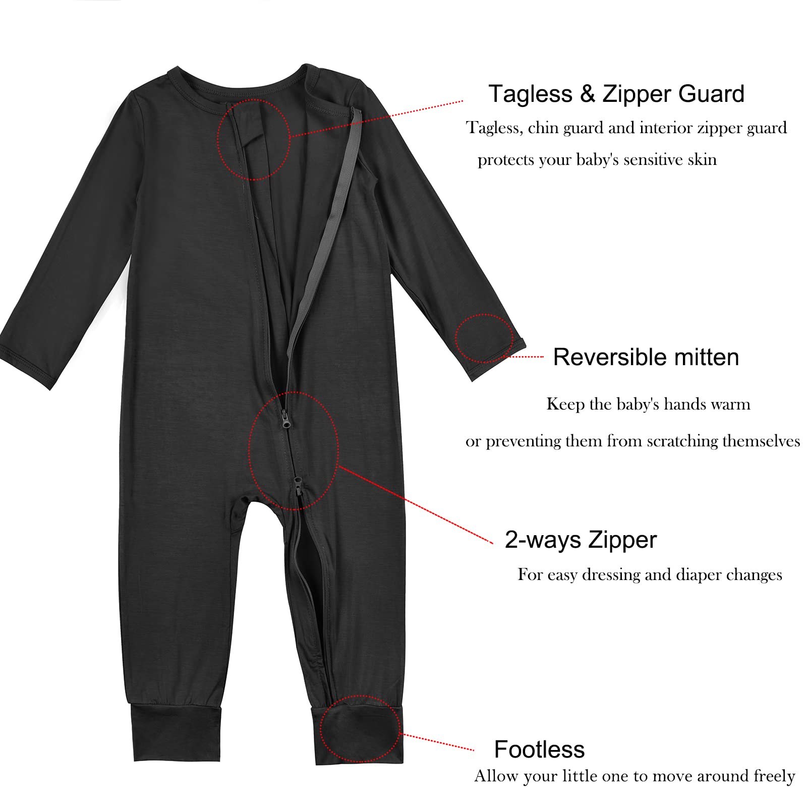Aablexema Baby Footless Pajamas Zipper with Mitten, Rayon from Bamboo, Infant Long Sleeve Romper Pjs (US, Age, 12 Months, 18 Months, Dark Grey)